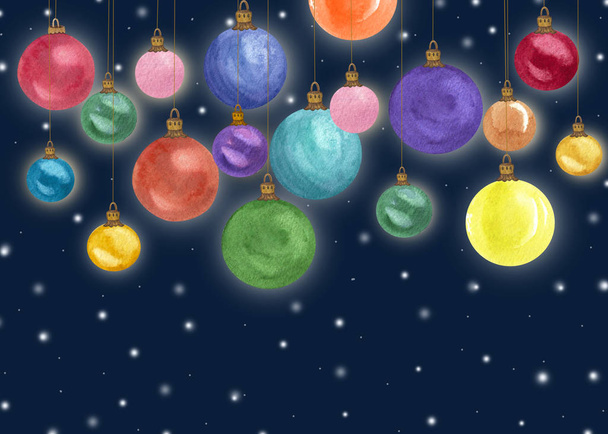 New Year watercolor background with colorful balls. Merry Christmas. - Photo, Image