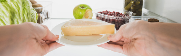 Vágott kilátás nő vesz sajtot hűtőből élelmiszer elszigetelt fehér, panorámás lövés - Fotó, kép