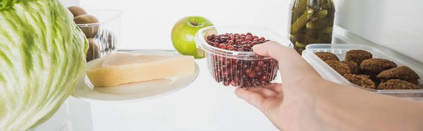 Cropped view of woman taking plastic tray with currant from fridge with food isolated on white, panoramic shot - Photo, Image