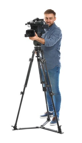 Operator with professional video camera on white background - Fotografie, Obrázek