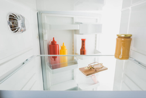 Επιλεκτική εστίαση ποντικοπαγίδα στο ψυγείο με ανοιχτή πόρτα απομονωμένη σε λευκό - Φωτογραφία, εικόνα