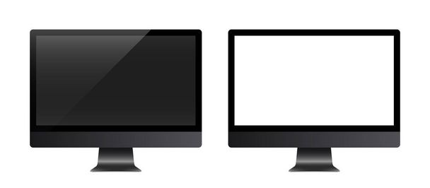 Шаблон реалистичных мониторов настольного компьютера с выключенным и белым экраном. Современные гаджеты изолированы на белом фоне. Планировка устройства. Векторная иллюстрация
. - Вектор,изображение
