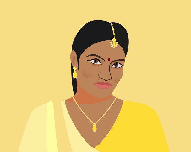 Портрет красивой индийской женщины. Молодая индуистка в традиционной одежде и с золотыми украшениями. Женщина в желтом сари и тике, тиковое дерево в волосах. Изолированный силуэт на желтом фоне
. - Вектор,изображение