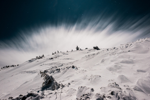живописный вид горы, покрытой снегом и соснами против темного неба вечером с белым облаком
 - Фото, изображение