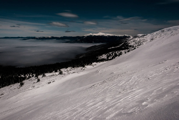γραφική θέα χιονισμένα βουνά με πεύκα και λευκά χνουδωτά σύννεφα στο σκοτεινό ουρανό το βράδυ - Φωτογραφία, εικόνα