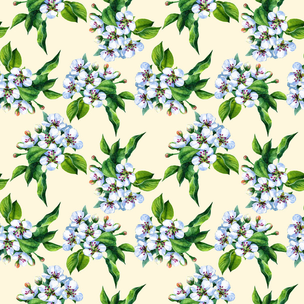 Watercolor seamless pattern of flowering pear branches in the spring garden. - Foto, Imagen