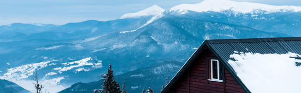 malerischer Blick auf die schneebedeckten Berge mit Kiefern und Holzhaus, Panoramaaufnahme - Foto, Bild