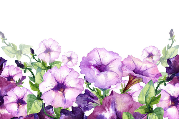 Aquarell Hintergrund, Rahmen mit Platz für Text von Petunienblumen. - Foto, Bild