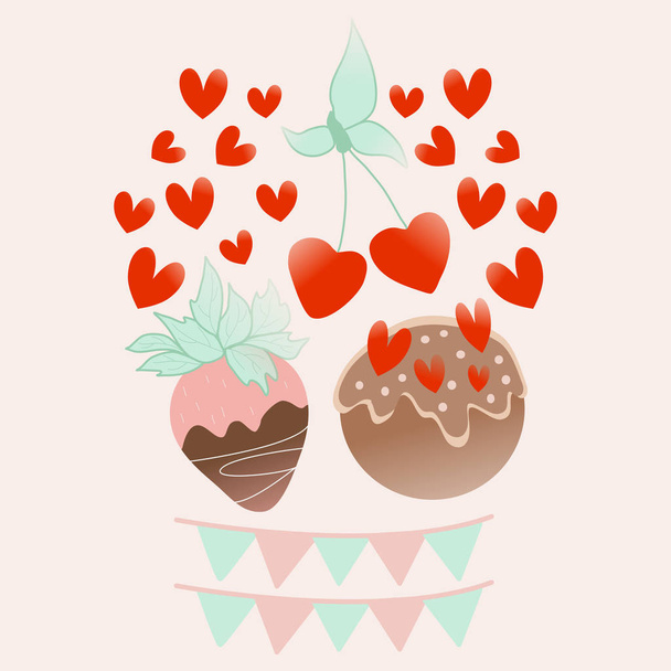 vector illustration with colorful cakes, cherry and hearts - Vector, Image