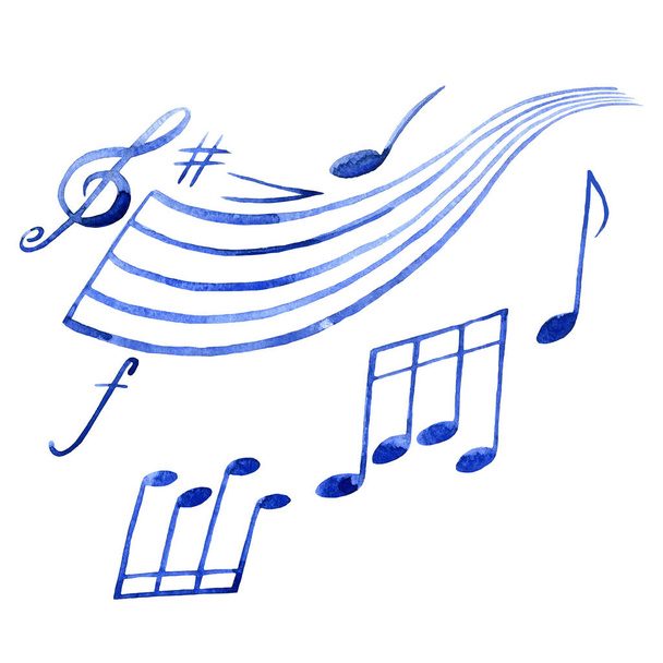 Aquareltekening van muzikale tekens en symbolen, noten. - Foto, afbeelding