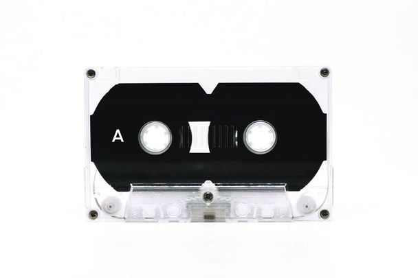 Schwarz-weißes Kassettenband isoliert auf weißem Hintergrund  - Foto, Bild