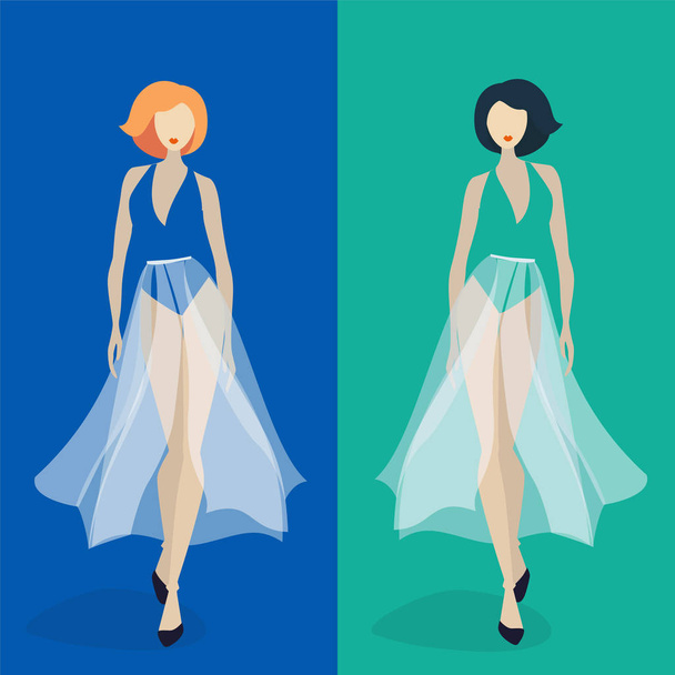 Две красивые модели в длинном тюлевом платье прогуливаются по векторной иллюстрации подиума
 - Вектор,изображение