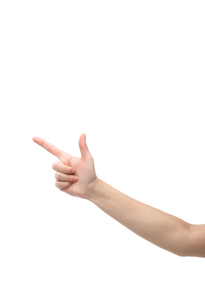 cropped view of woman pointing with finger isolated on white  - Foto, Bild