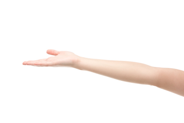 vista ritagliata della donna che punta con mano isolata su bianco
  - Foto, immagini