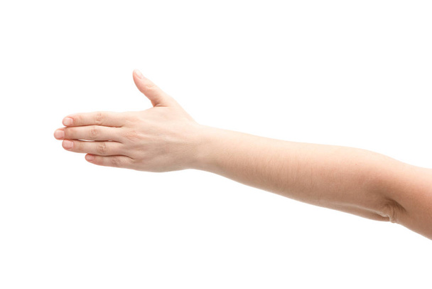 Обрезанный взгляд человека с протянутой рукой, изолированной на белом
  - Фото, изображение