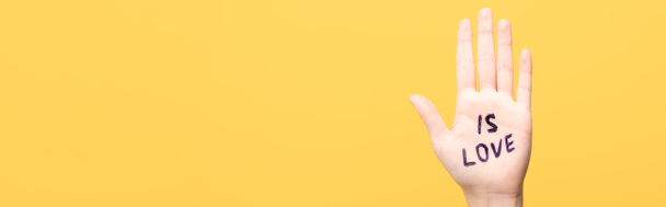 plano panorámico de la mujer con es el amor letras en la mano aislado en amarillo
 - Foto, imagen