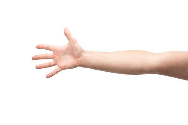 cropped view of man showing five fingers gesture isolated on white - Фото, зображення