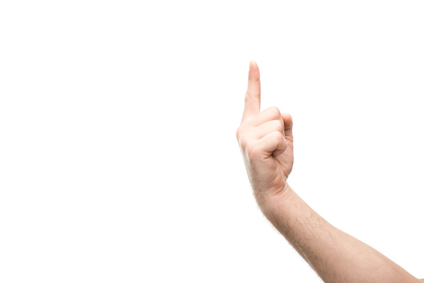 cropped view of man showing one finger gesture isolated on white - Fotoğraf, Görsel