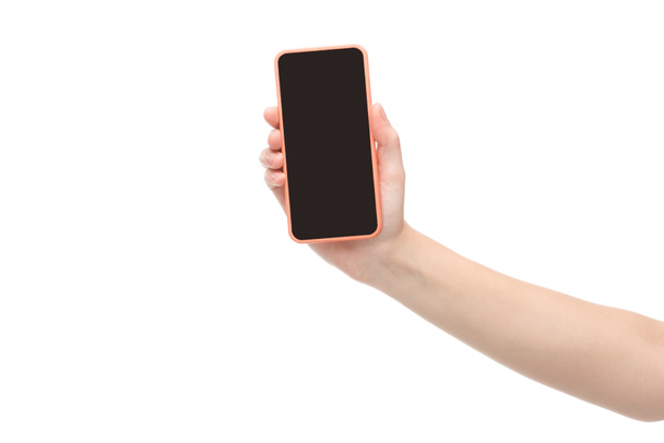 cropped view of woman holding smartphone isolated on white - Valokuva, kuva