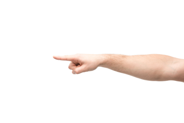 καλλιεργημένη άποψη του ανθρώπου που δείχνει με το δάχτυλο απομονωμένο σε λευκό - Φωτογραφία, εικόνα