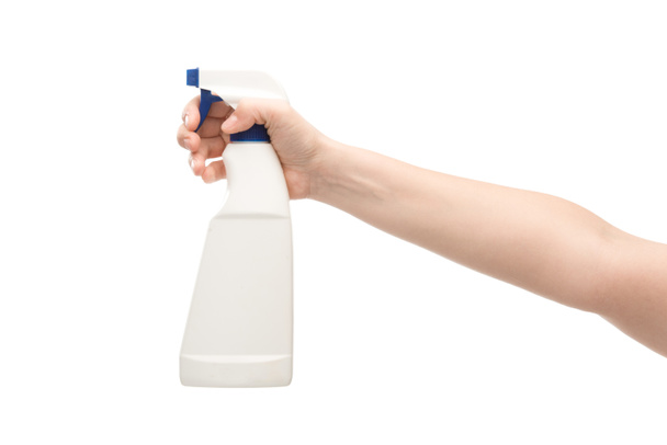 przycięty widok kobiety trzymającej spray odizolowany na biało  - Zdjęcie, obraz