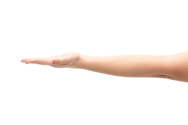 oříznutý pohled na ženu ukazující rukou izolovanou na bílém - Fotografie, Obrázek