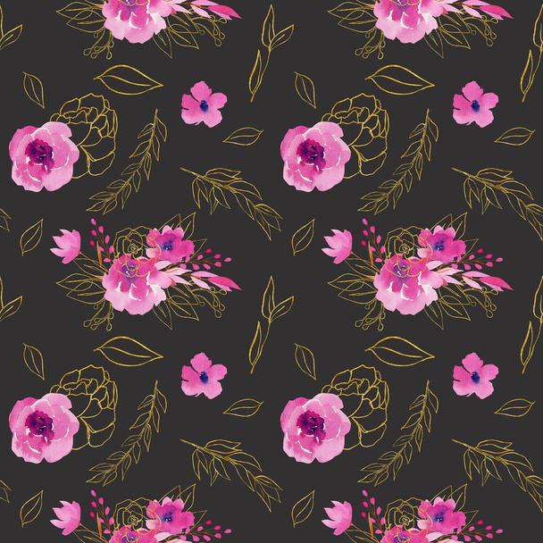 Naadloos patroon met aquarelboeketten, bloemen en takken in roze en gouden kleuren; met de hand getekend bloemdessin op donkere achtergrond - Foto, afbeelding