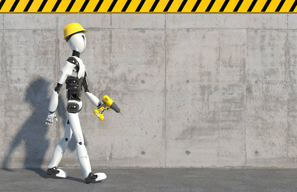 Humanoidi robottirakentaja rakennuskypärässä ja pora kädessään astuu betoniseinää pitkin. Tulevaisuuden konsepti robotiikan ja tekoälyn kanssa. 3D-renderointi
. - Valokuva, kuva