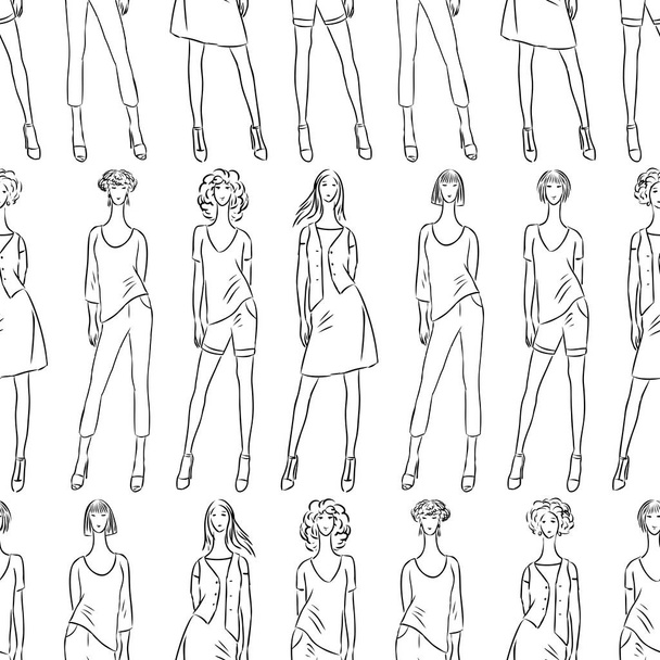 Seamless pattern of fashionable slender women sketches in summer clothing collection - Vector, Image