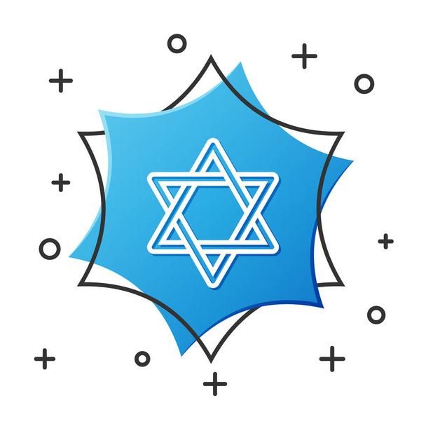 Λευκή γραμμή Άστρο του Δαβίδ εικονίδιο απομονώνονται σε λευκό φόντο. Εβραϊκό θρησκευτικό σύμβολο. Σύμβολο του Ισραήλ. Μπλε εξάγωνο κουμπί. Εικονογράφηση διανύσματος - Διάνυσμα, εικόνα