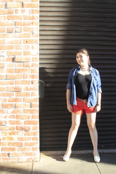 Asian model posing in front of garage door. - Photo, image