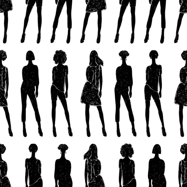 Seamless background of fashionable young women silhouettes - Vector, Image