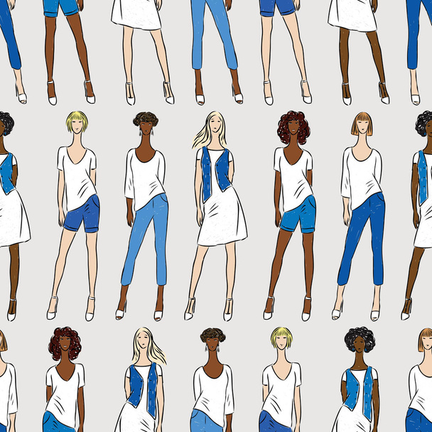 Seamless pattern of drawn fashionable young women - Vector, Image