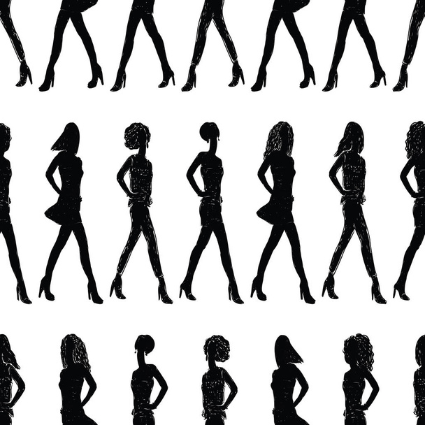 Seamless background of striding slender girls silhouettes - Vector, Image