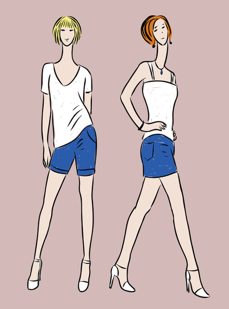 Vector drawing of fashionable slim women in denim skirt and sorts - Vector, Image
