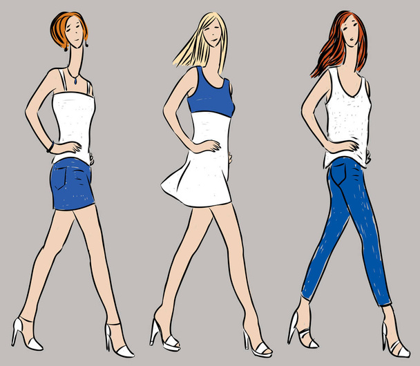 Vektorová kresba kráčejících štíhlých žen v denimovém letním oblečení - Vektor, obrázek