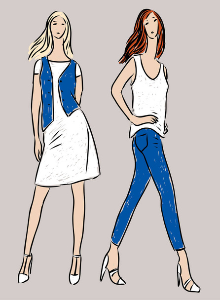 Vektorzeichnung junger schlanker Frauen in Jeans und Kleid mit Jeansweste - Vektor, Bild