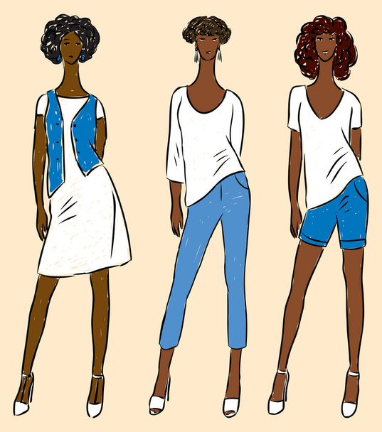 Vector drawing of young slim women in jeans,dress, t-shirts and denim vest and shorts - Vector, Image
