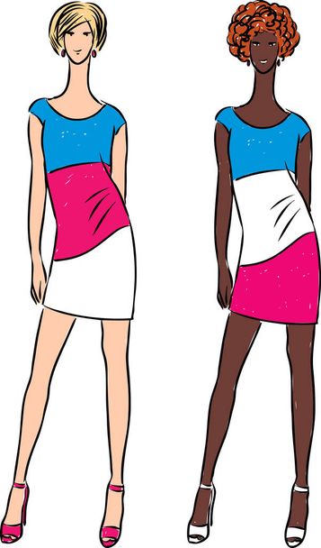 Vector drawing of young women in summer dresses - Vector, Image