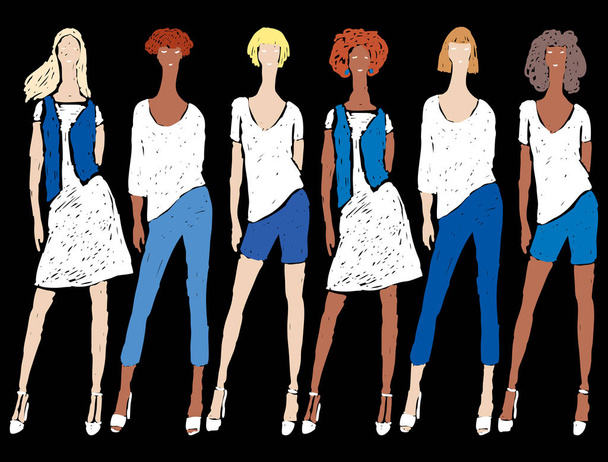 Image vectorielle de filles gribouillis en denim vêtements d'été debout sur le podium
 - Vecteur, image