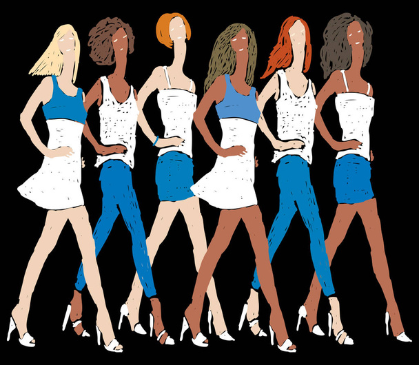 Διανυσματική εικόνα των doodles κορίτσια σε denim καλοκαιρινά ρούχα διασκελισμό στην πασαρέλα - Διάνυσμα, εικόνα