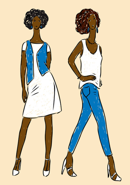 Image vectorielle de jeunes femmes à la mode en jean et robe avec gilet en denim
 - Vecteur, image