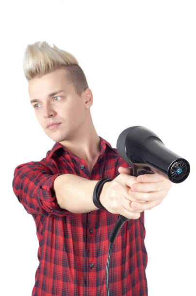 Portrait of handsome man with hairdryer on hands - Фото, зображення