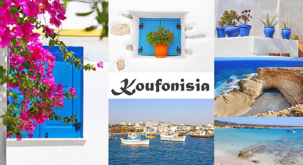 фото коллаж островов Куфонисии Cyclades Greece - традиционные бугенвиллы, дома и Эгейский морской пейзаж
 - Фото, изображение