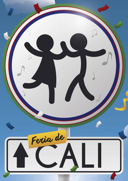 Road Sign with Salsa Dancers Promoting Feria de Cali, Vector Illustration - Vector, Image