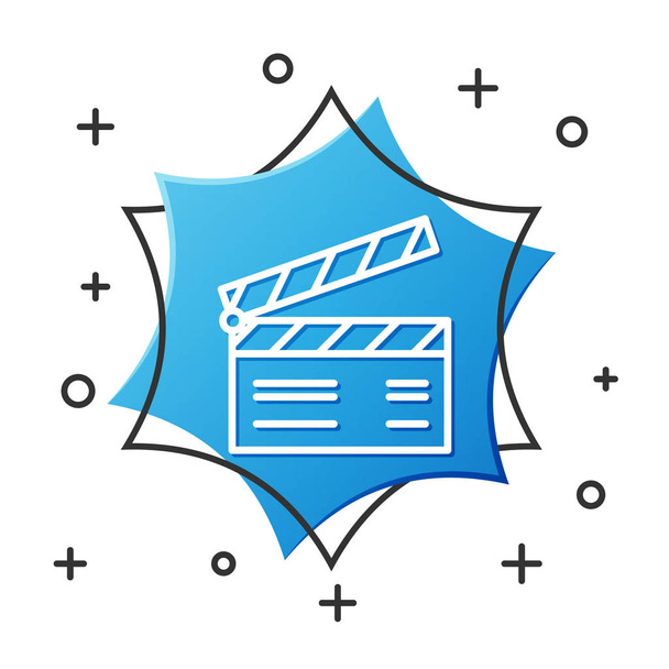 ホワイトラインホワイトの背景に分離されたムービークラッパーアイコン。フィルムクラッパーボード。クラッパーボードのサインだ映画制作やメディア産業の概念。青い六角形のボタン。ベクターイラスト - ベクター画像