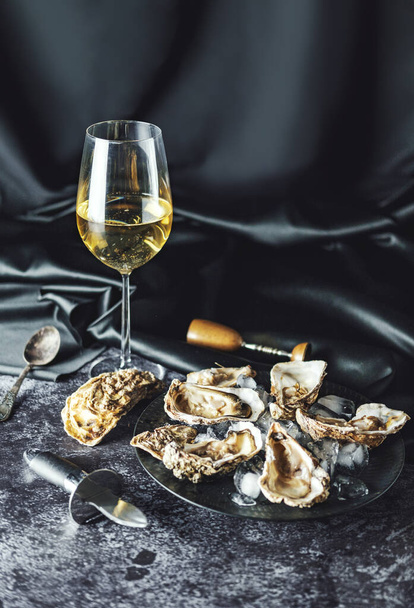 Opened oysters and white wine on stone table. - Photo, image
