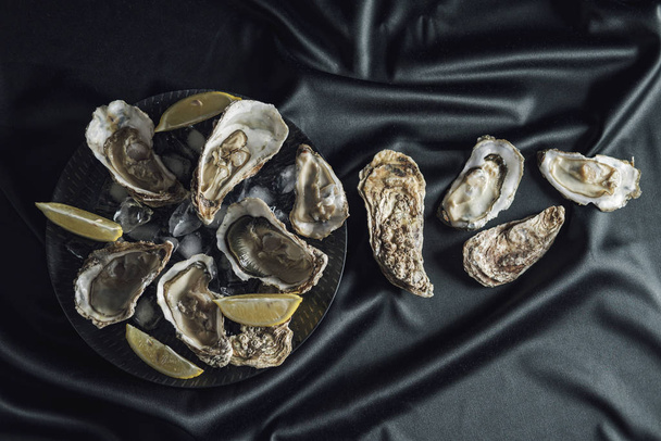 Open oysters with lemon in a black plate - Photo, Image