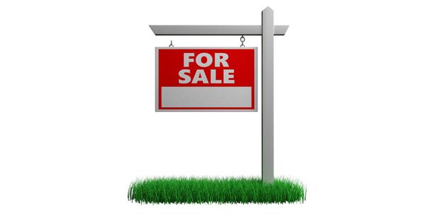 En venta en letrero de madera de hierba. Señal de texto de bienes raíces color rojo aislado en blanco. ilustración 3d
 - Foto, imagen