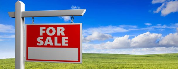 Land for sale wooden placard in the countryside, green field landscape background, 3d illustration - Photo, Image